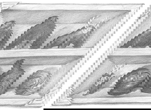 Original illustration of Inuit sculptures by Ismael Carrillo. Featured in The Open Door by Joram Piatigorsky